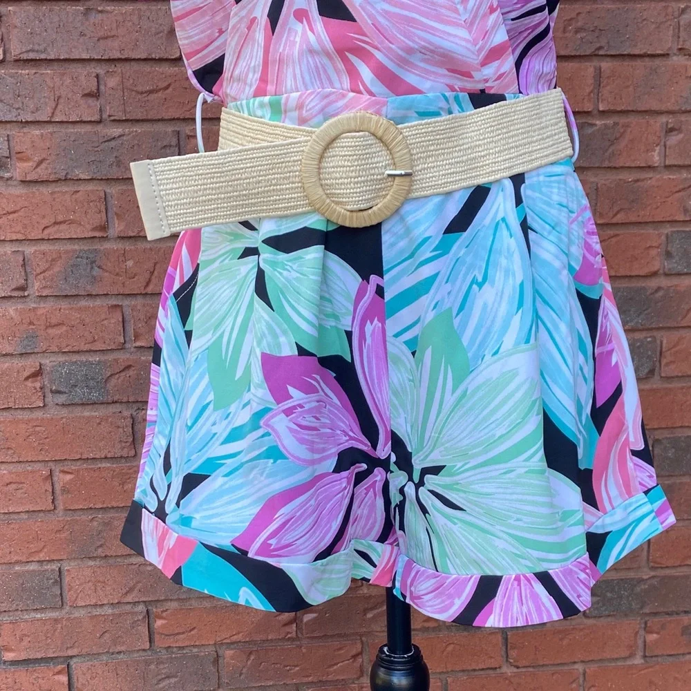 NWT Floral Wrap Romper in Pink, Aqua & Black L - Picture 2 of 14